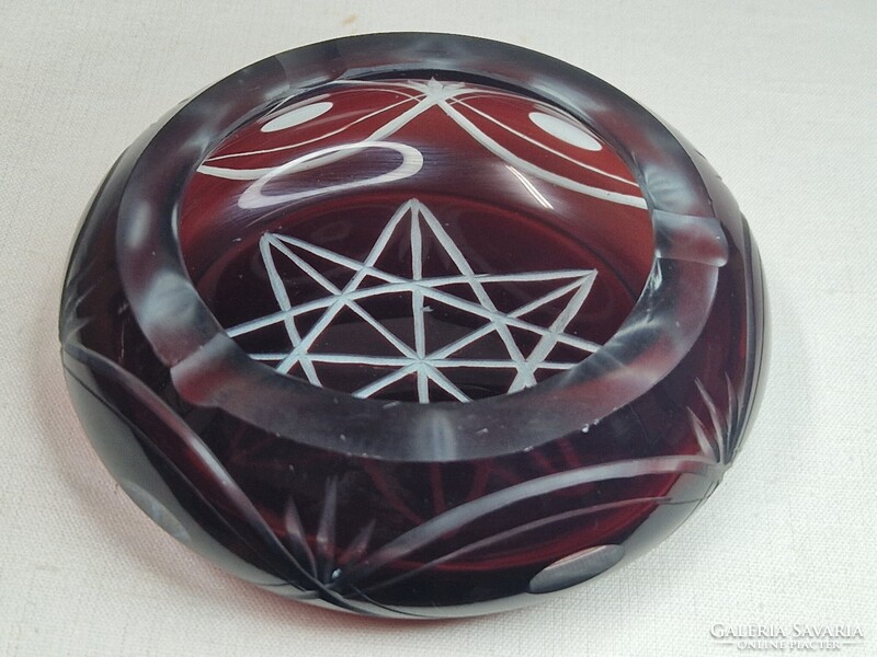 Old, burgundy-colored, cut, decorative glass ashtray in perfect condition, 12 cm diameter