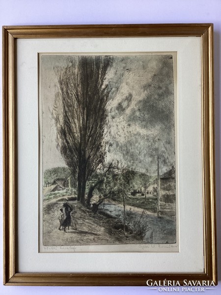 Erzsébet Weil of Asódi (1901 - 1976), colored etching titled Falling Leaves.