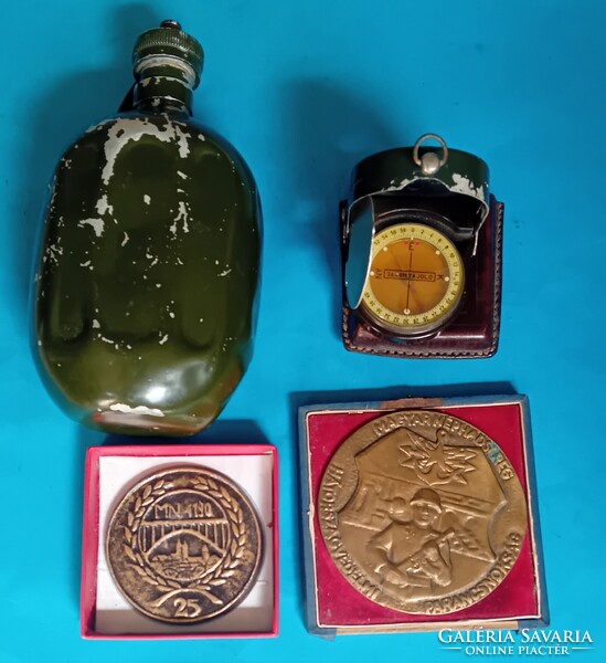 Military antiques, canteen compass, medals