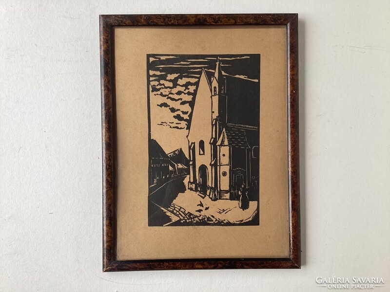 Winter evening. Woodcut.