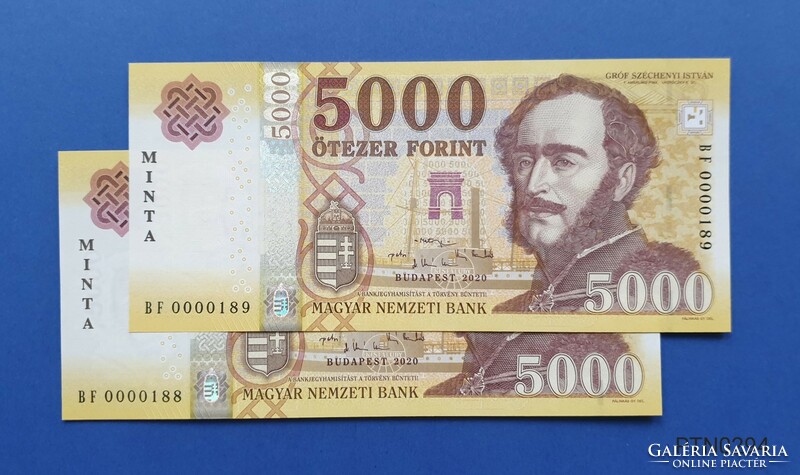 2020. évi 5.000,- forintos mintabankjegy 2 db sorszámkövető UNC BF0000188-189