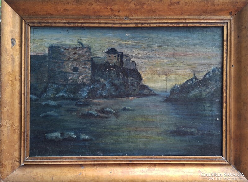 From 1 Ft! Dated 1928. Fortress above the rocky seashore. Oil on canvas. 34x50cm