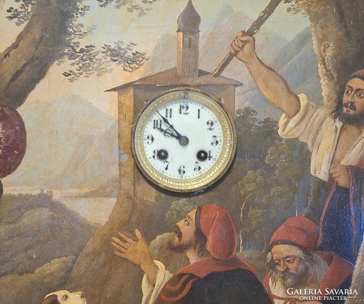 1ft-ról! 19.századi, működő képóra!  Fémlemezre festett kép (Vögel). Francia szerkezet,  feles ütős!