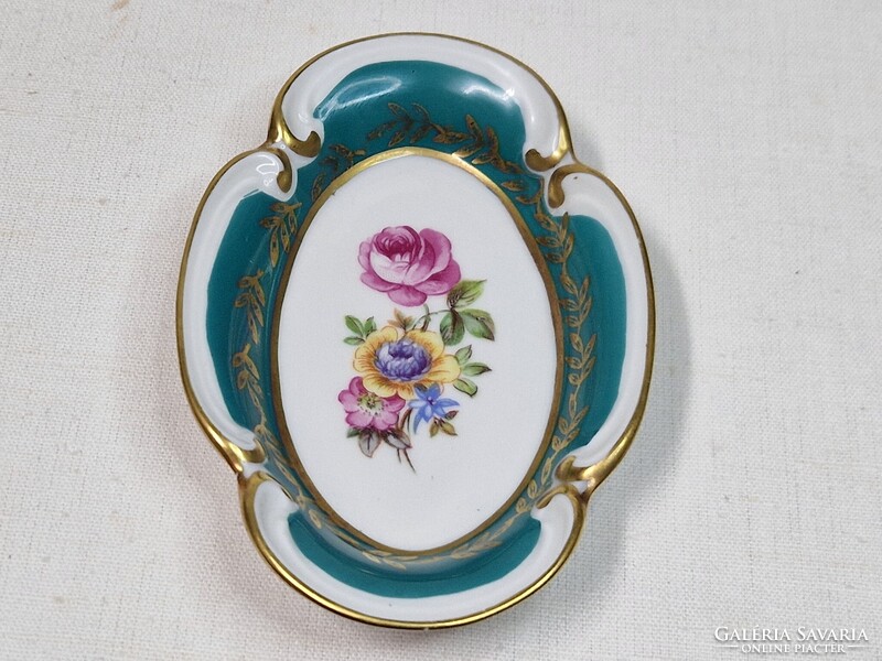 Régi német Ilmenau porcelán virág mintás gazdagon aranyozott hamutál vagy kínáló hibátlan állapotban