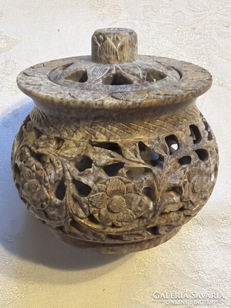 Eastern Beautiful Carved Filigree Soapstone Box, Jewelry Holder.