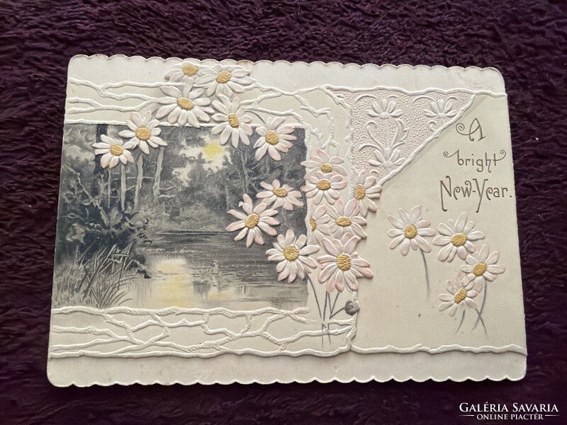 Régi litho kinyitható üdvözlő lap cakkos szélű dombornyomott.