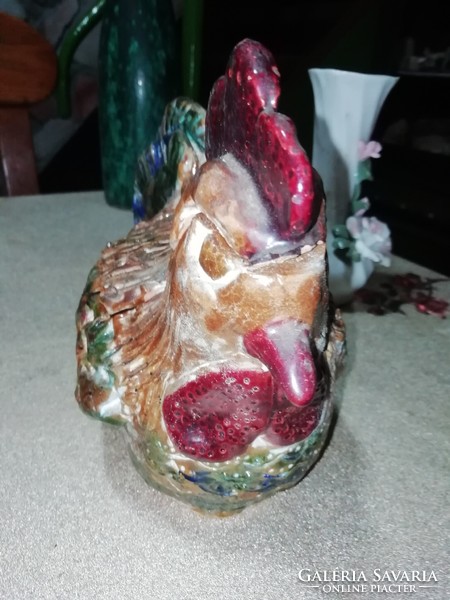 Large ceramic hen with signature, beautiful colors