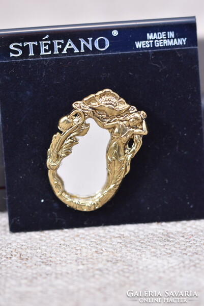Stefano vintage costume brooch, girl with flower, Art Nouveau style, gold-plated, Germany