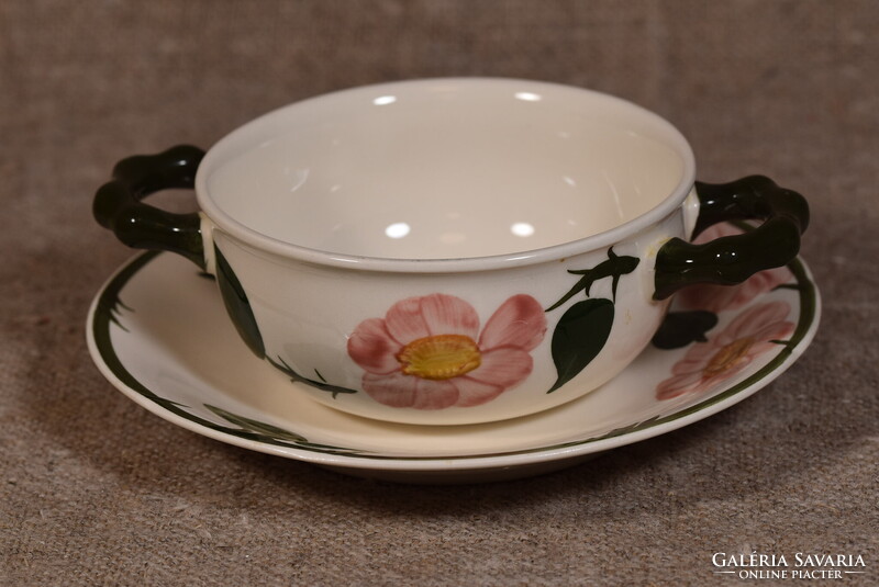 Hollóházi Wild Rose Two-handled Soup Cup with Saucer Hand-painted Flowers Germany 1930s