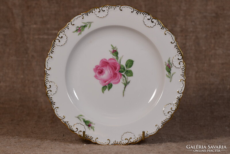 Meissen porcelain plate with hand-painted rose and gold trim, Germany