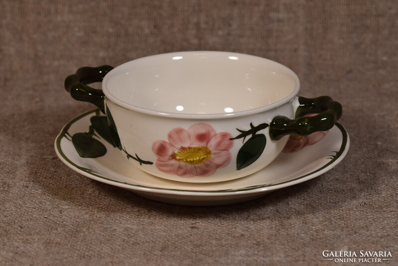 Hollóházi Wild Rose Two-handled Soup Cup with Saucer Hand-painted Flowers Germany 1930s