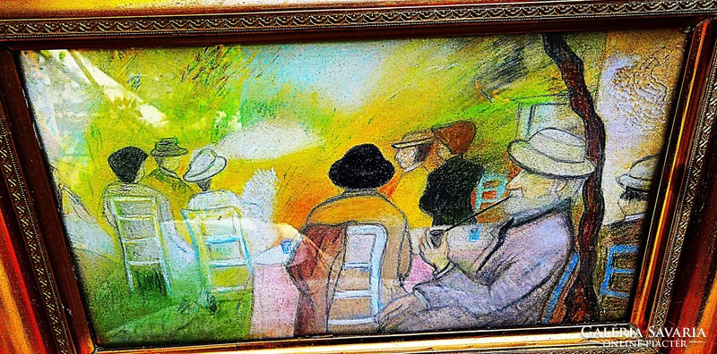 "Beszélgetők"Ismeretlen  szignóval, csodálatos alkotás,30x50-spasztell papír,üveg alatt