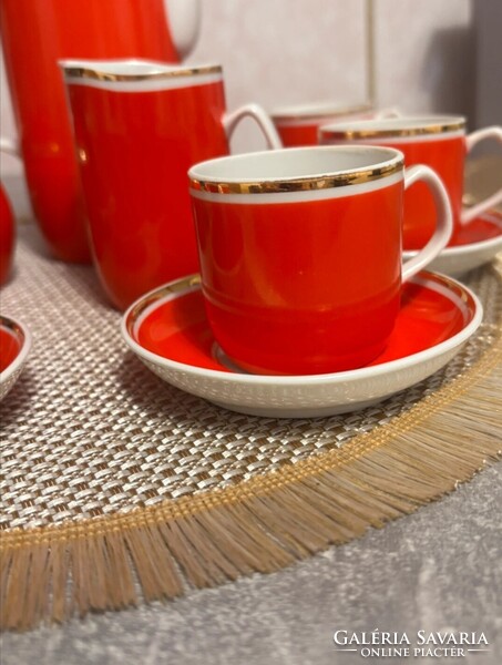 Retro Hollóházi porcelán kávéskészlet / mokkás készlet (piros-arany)