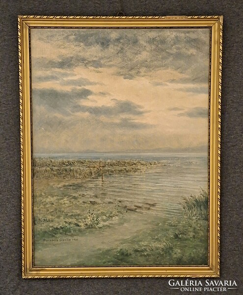1ft-ról!  Barabás Gizella festőművész.  Balatonparti tájkép. Olaj/farost,  80x60cm. Jelzett!