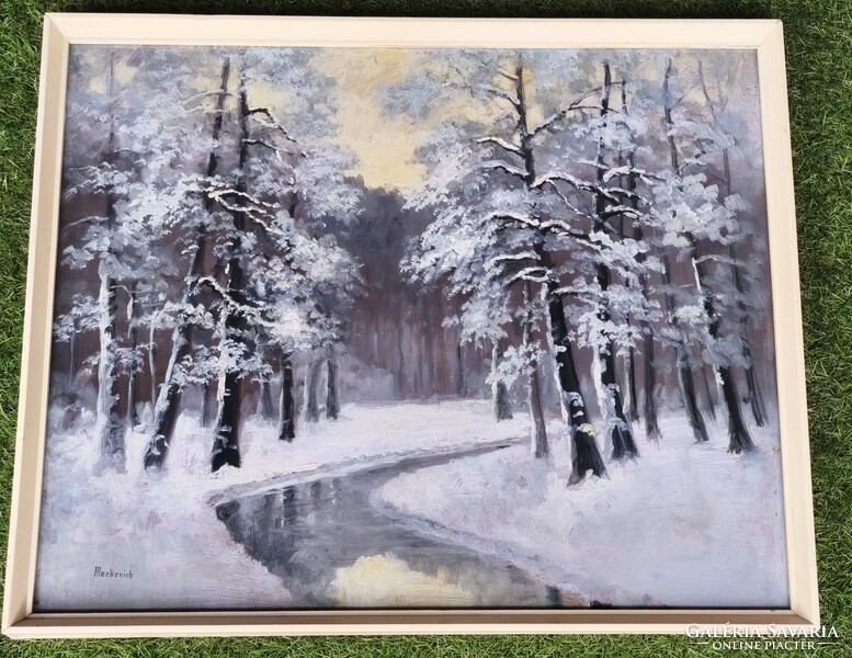 Markovich - Őszi és téli erdei patak - 60x50 olajfestmény pár, kerettel - retro