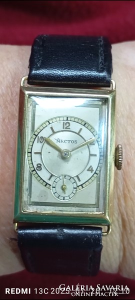 Art Deco 14K Gold Arctos Watch, /30x22 mm/, with Leather Strap, Germany, late 1930s