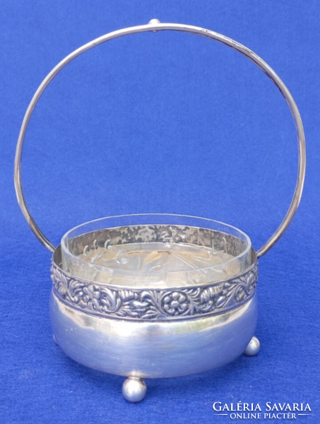 Art Deco 900 Fineness Diana Silver Basket with Handle and Crystal Insert, from 1910-20s