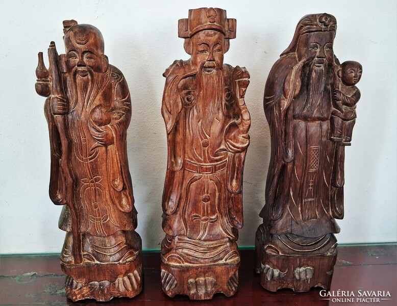 3 pcs. Old Chinese Carved Wooden Taoist Deity Statues (Fu, Lu, and Shou) Starting from 1.- Ft!!!