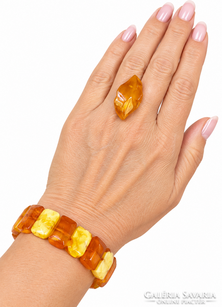 Set - bracelet, earrings, ring - 100% amber and sterling silver.