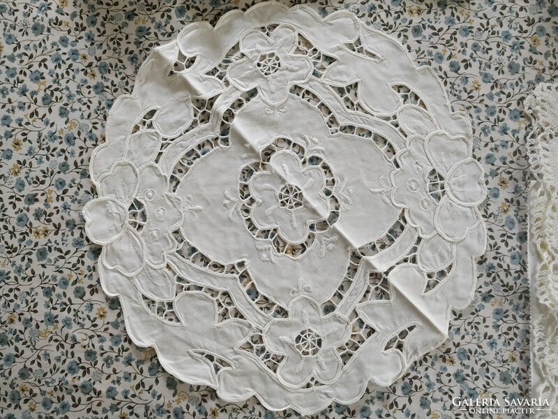 White antique embroidered display stand, small tablecloth, flawless