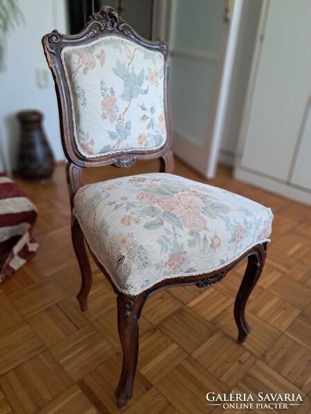 Antique Neobaroque Salon Chair Pair – Carved Rose Decorated Backrest, Gobelin Pattern Upholstery