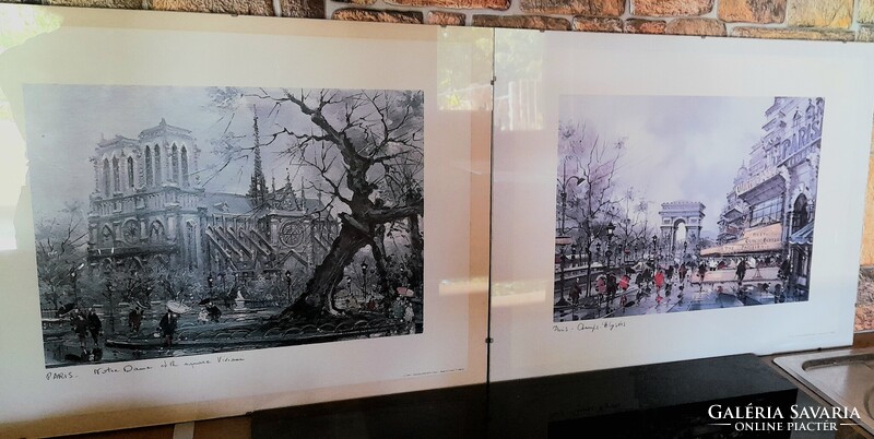 RARE! 2 pieces of PARIS STREET SCENE by MAURICE LEGENDRE, Impressionist paintings on VINTAGE prints