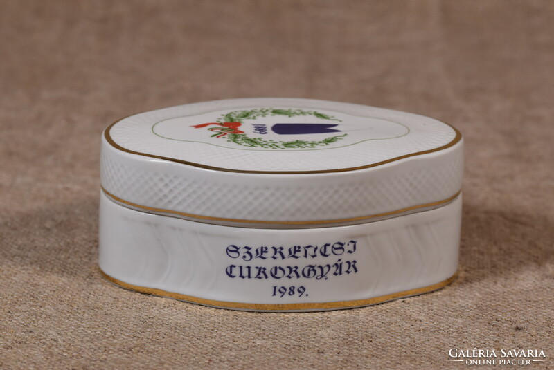 Hollóháza porcelán reklám ékszerdoboz Szerencsi Cukorgyár aranyozott Magyarország 1989