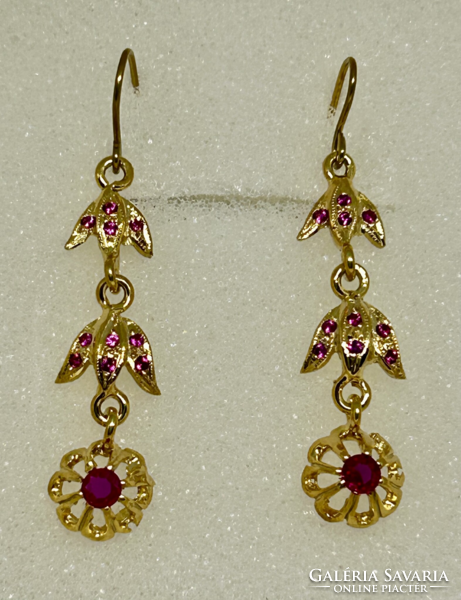 Art Nouveau Style 9K Gold–Silver Drop Earrings with Ruby Stones