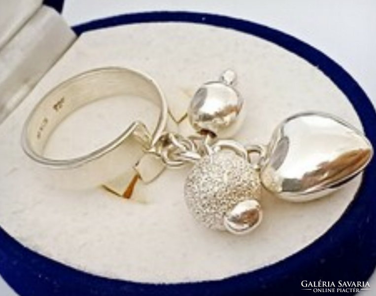 Mexican Silver Ring with Large Heart and Globe Pendants