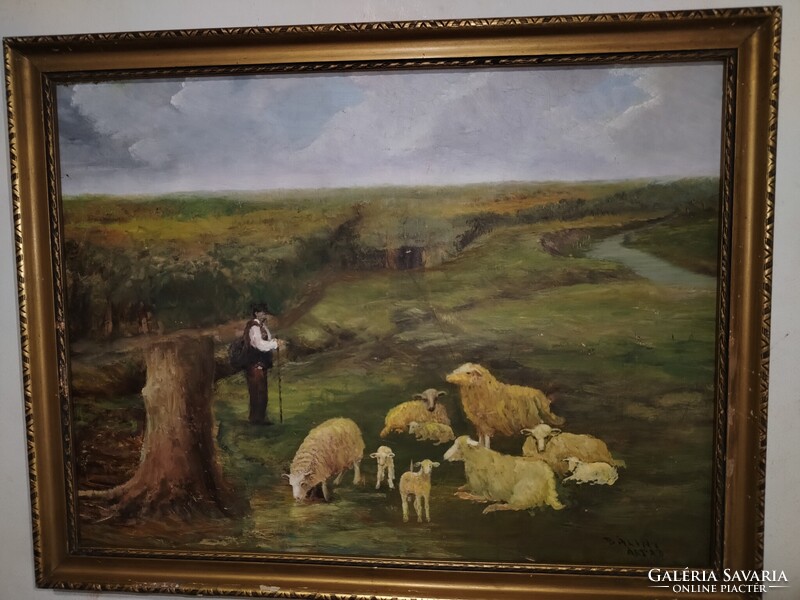 Bálint jelzéssel, pásztor a nyájjal, régi olajfestmény.