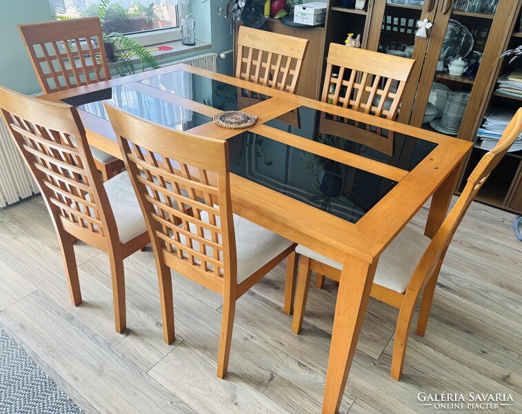 Elegant, 6-person dining set – with smoked glass table and 6 chairs